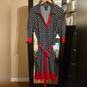 Black and White Geometric Dress with Red Accents